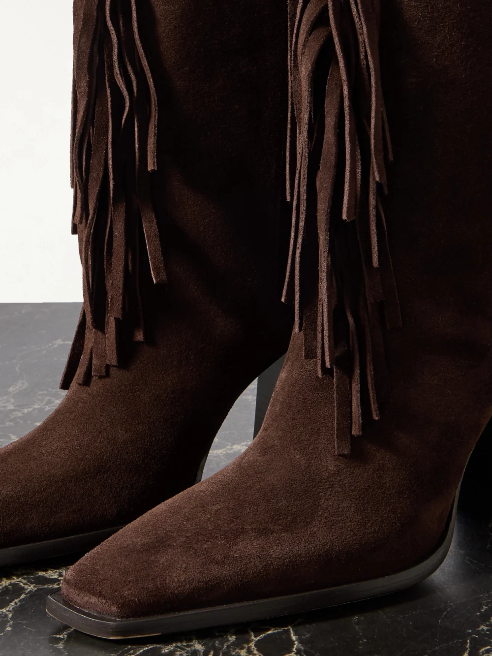 Close-up detail of the Jimmy Choo Hart 85 Fringed Suede Boots