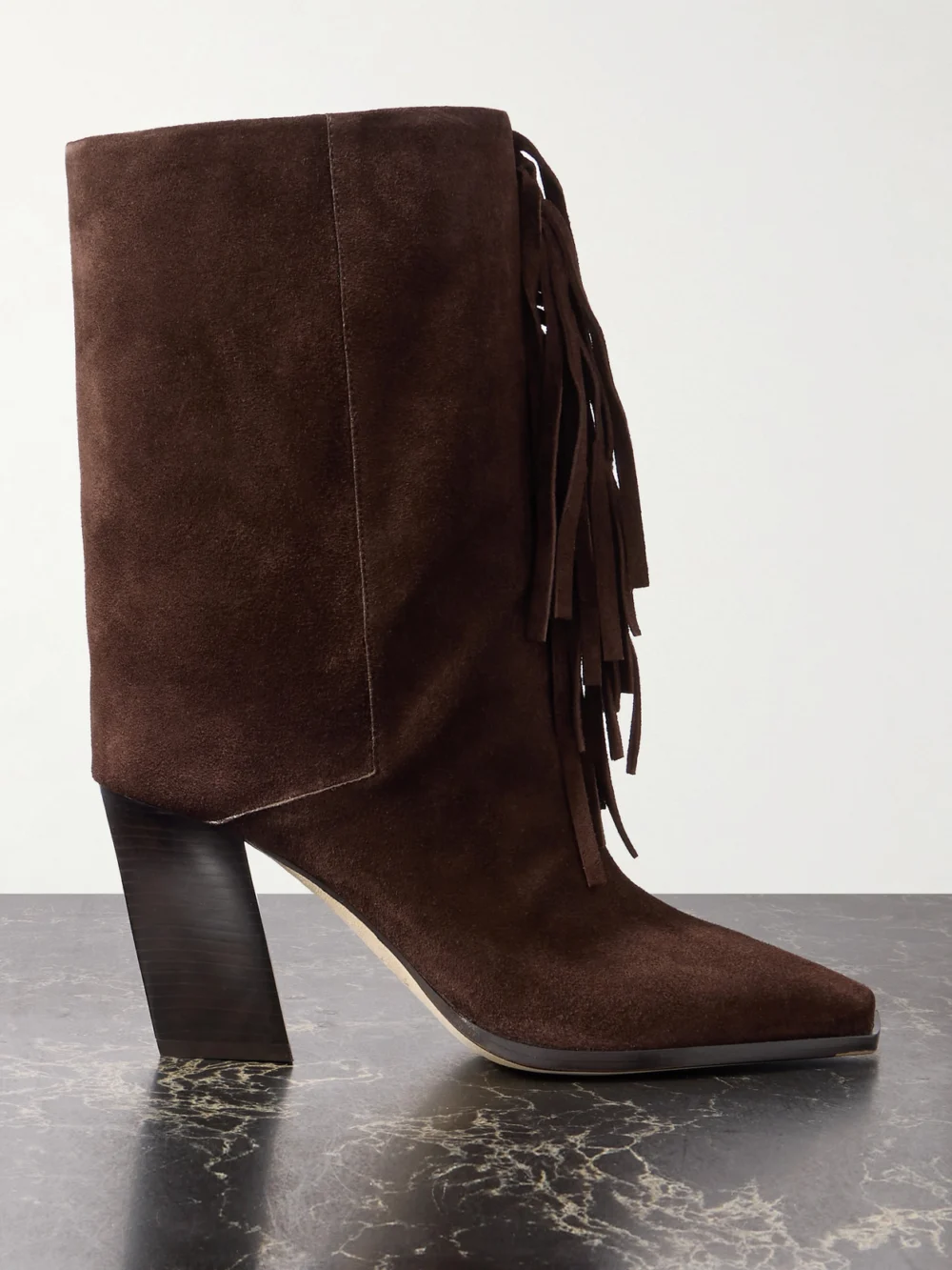 Jimmy Choo Hart 85 Fringed Suede Boots in chocolate
