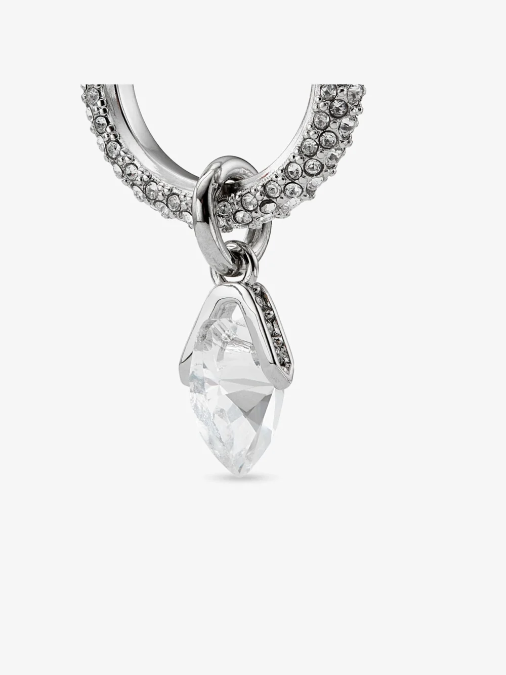 Back view of the Jimmy Choo Heart Hoops Silver Finish Heart Hoop Earrings with Crystals