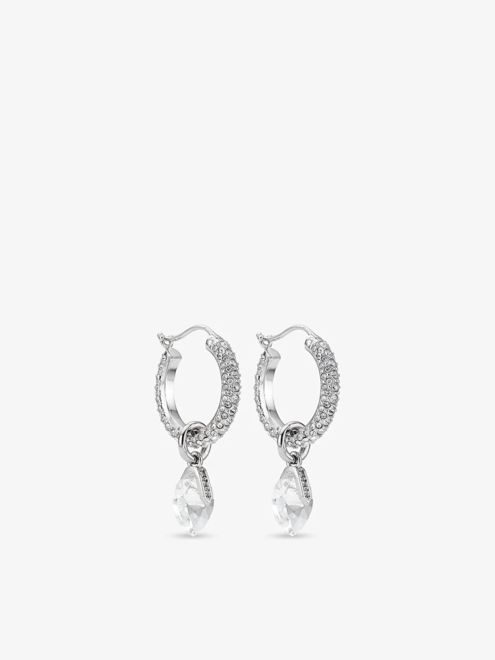 Close-up detail of the Jimmy Choo Heart Hoops Silver Finish Heart Hoop Earrings with Crystals