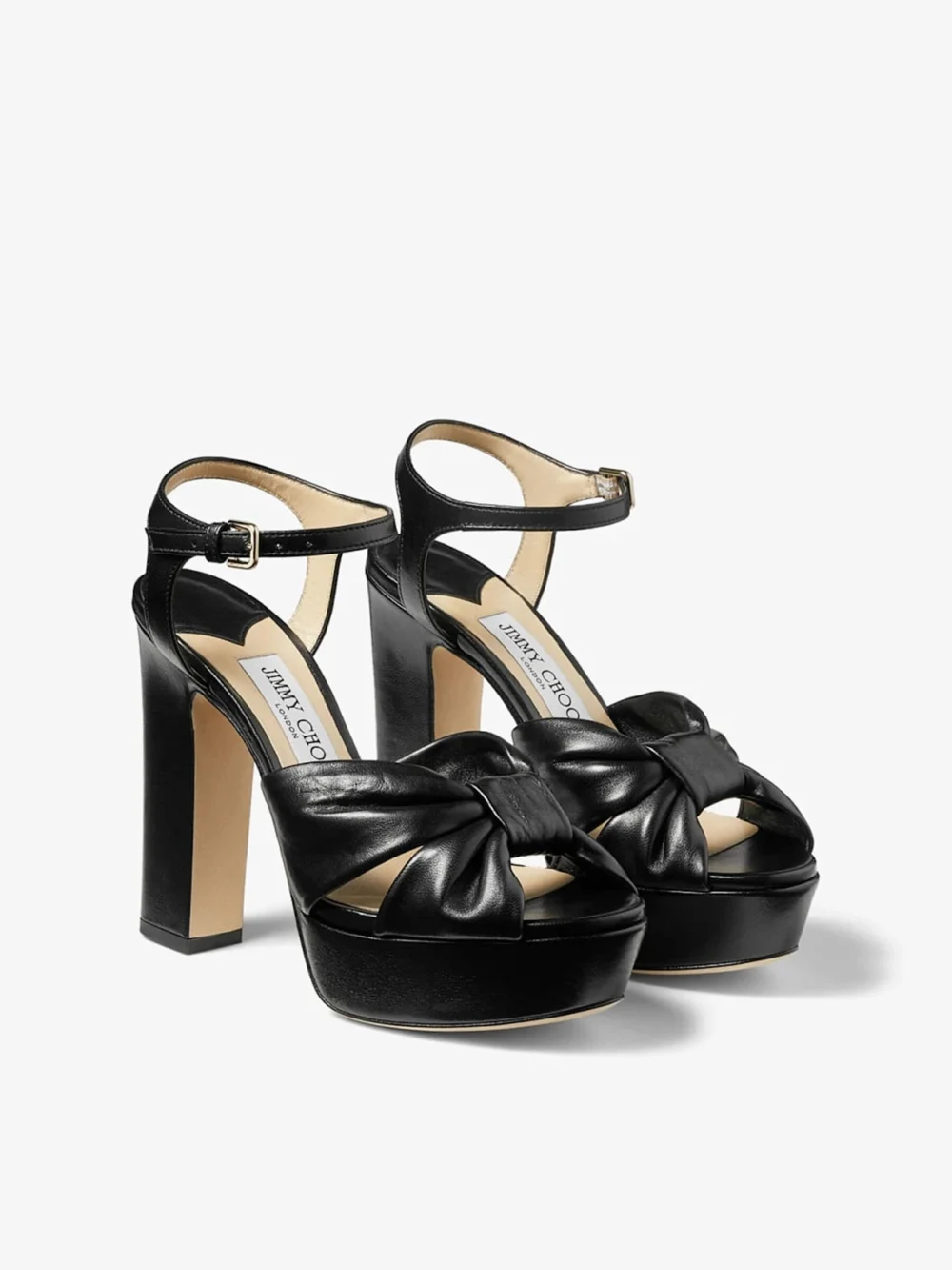 Close-up detail of the Jimmy Choo Heloise 120 Black Nappa Leather Platform Sandals