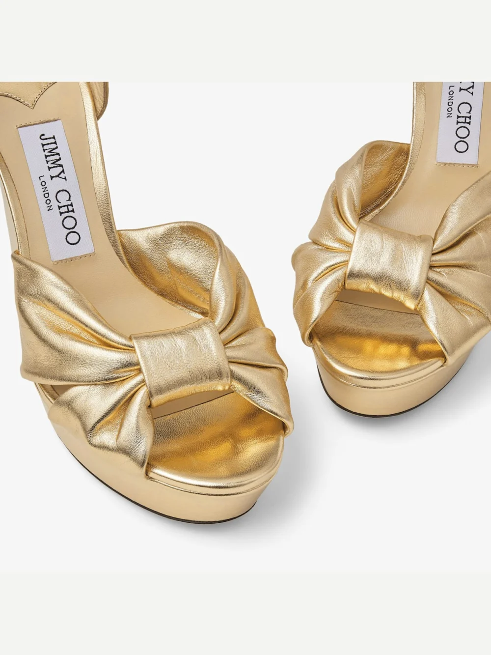 Back view of the Jimmy Choo Heloise 120 Gold Metallic Nappa Leather Platform Sandals