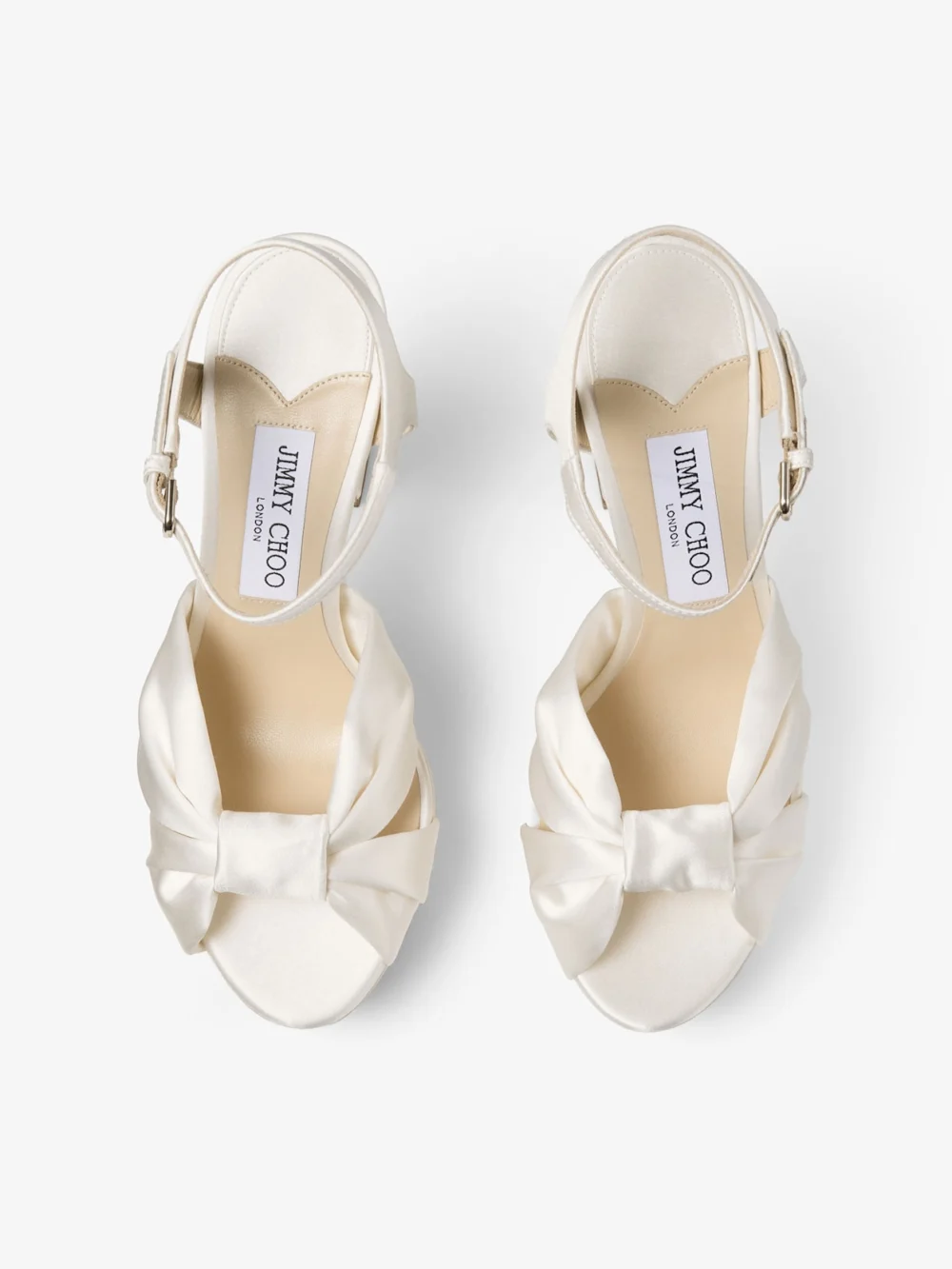 Close-up detail of the Jimmy Choo Heloise 120 Ivory Satin Platform Sandals