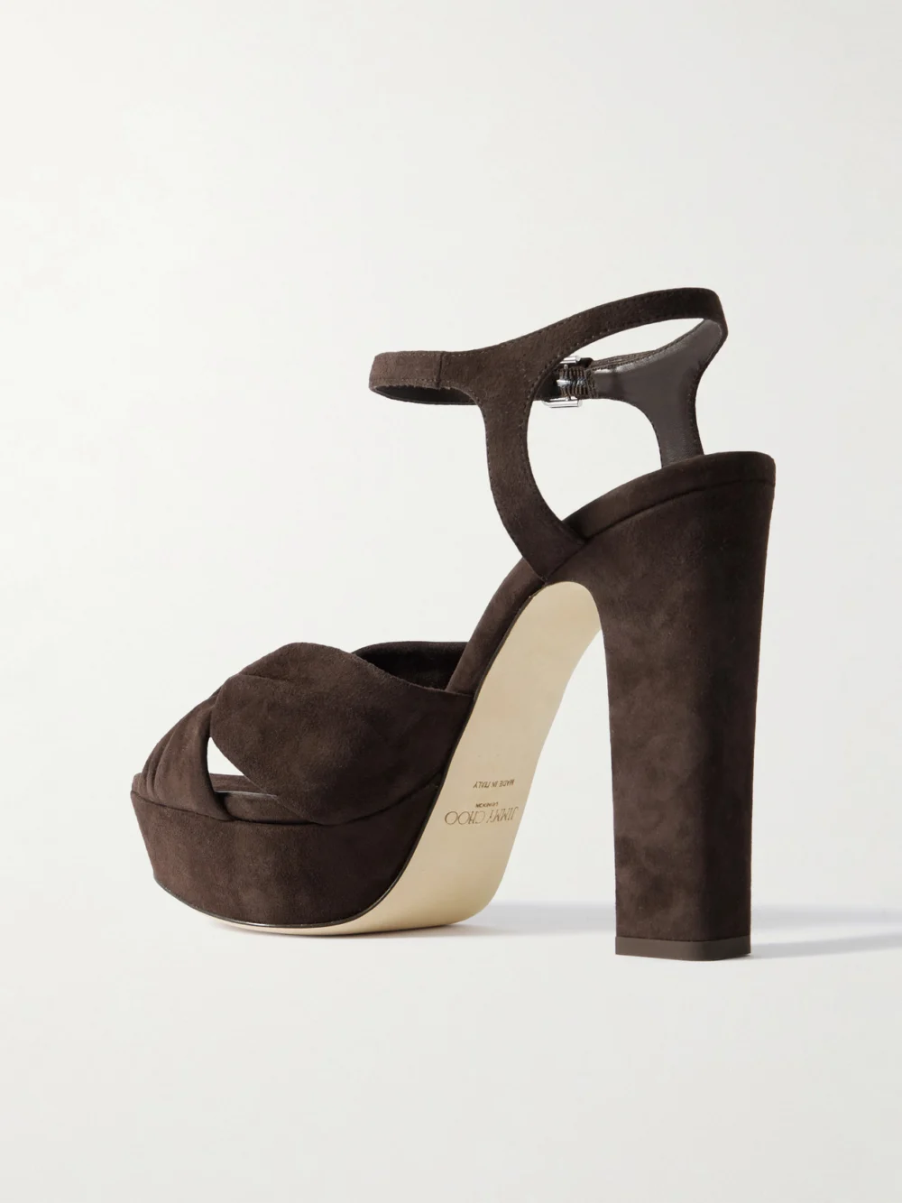 Back view of the Jimmy Choo Heloise 120 Knotted Suede Platform Sandals