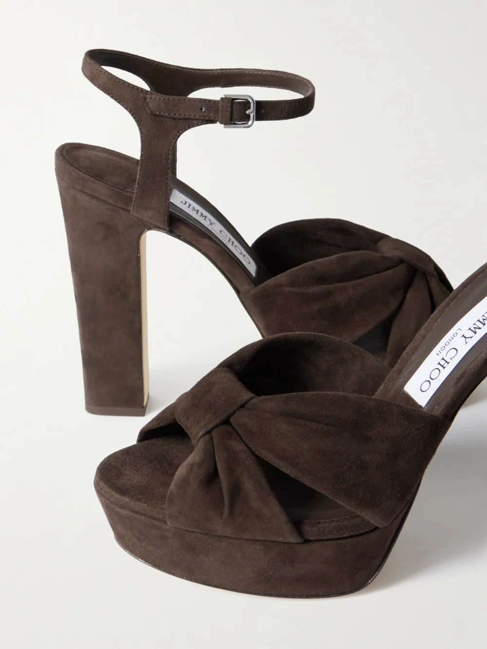 Close-up detail of the Jimmy Choo Heloise 120 Knotted Suede Platform Sandals