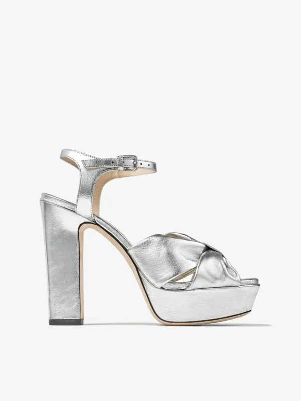 Jimmy Choo Heloise 120 Silver Metallic Nappa Leather Platform Sandals