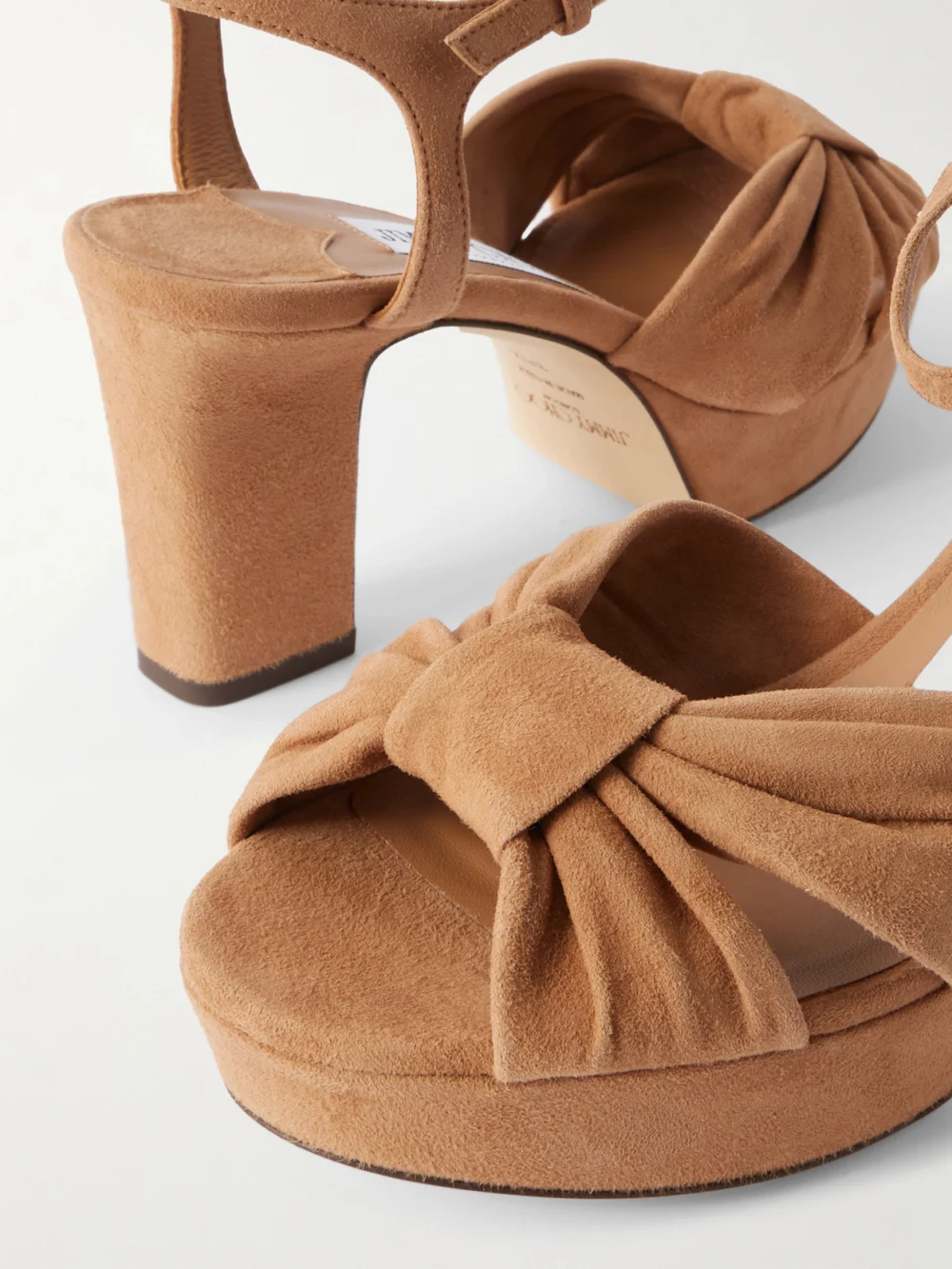 Close-up detail of the Jimmy Choo Heloise 80 Knotted Suede Platform Sandals