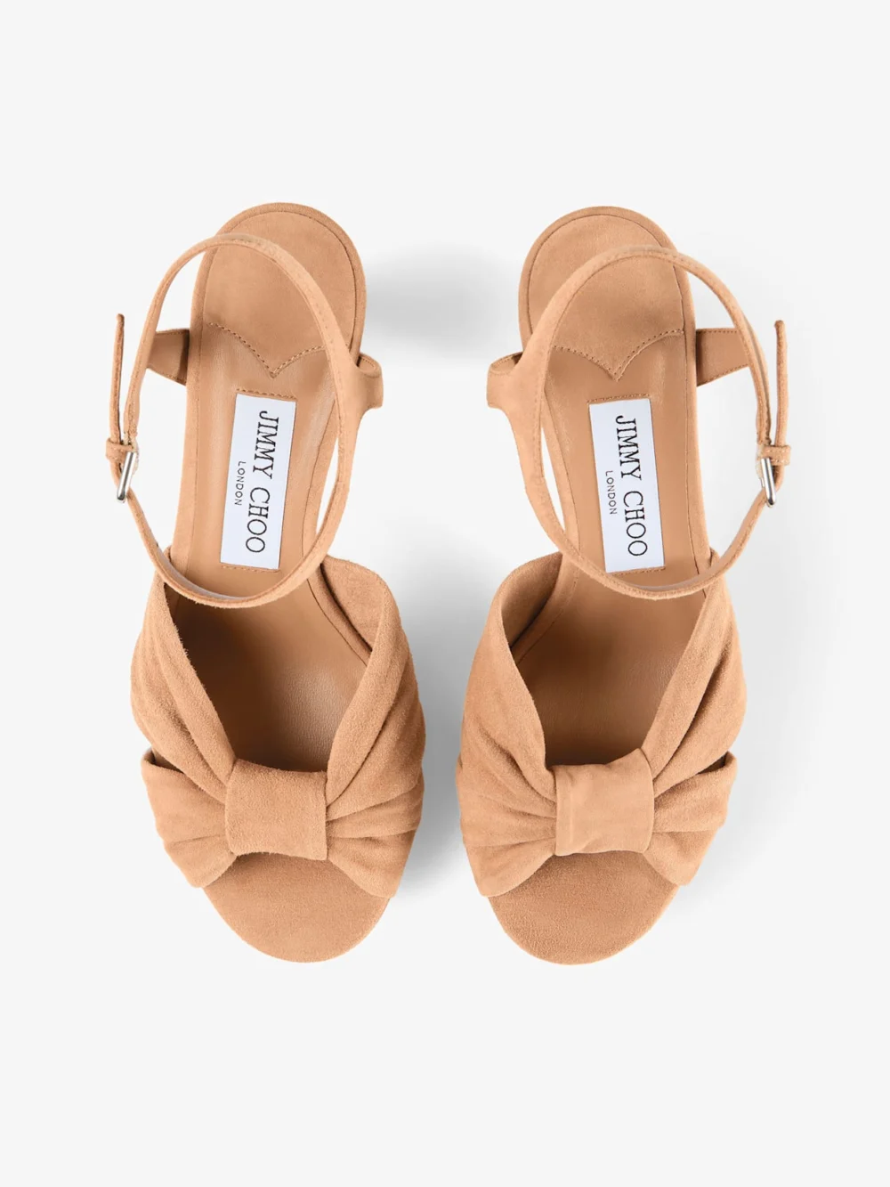 Back view of the Jimmy Choo Heloise 80 Toffee Suede Platform Sandals