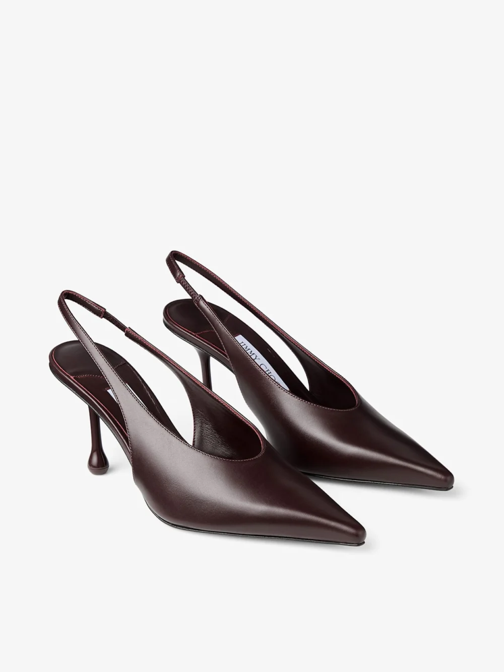 Close-up detail of the Jimmy Choo Isa 80 Deep Merlot Calf Leather Pumps