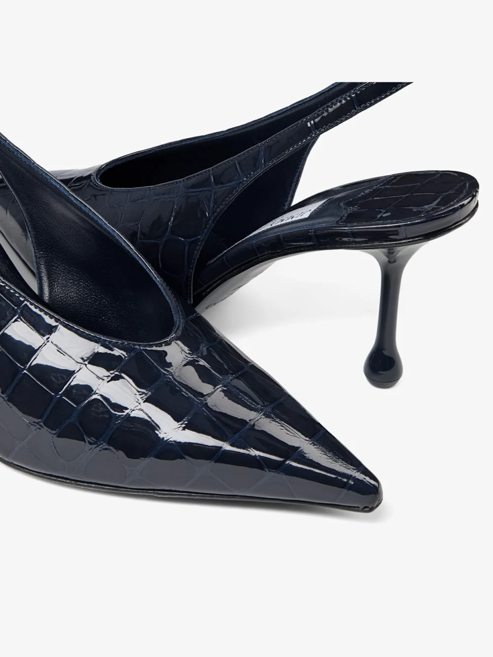 Back view of the Jimmy Choo Isa 80 Marine Shiny Croc Embossed Leather Slingbacks