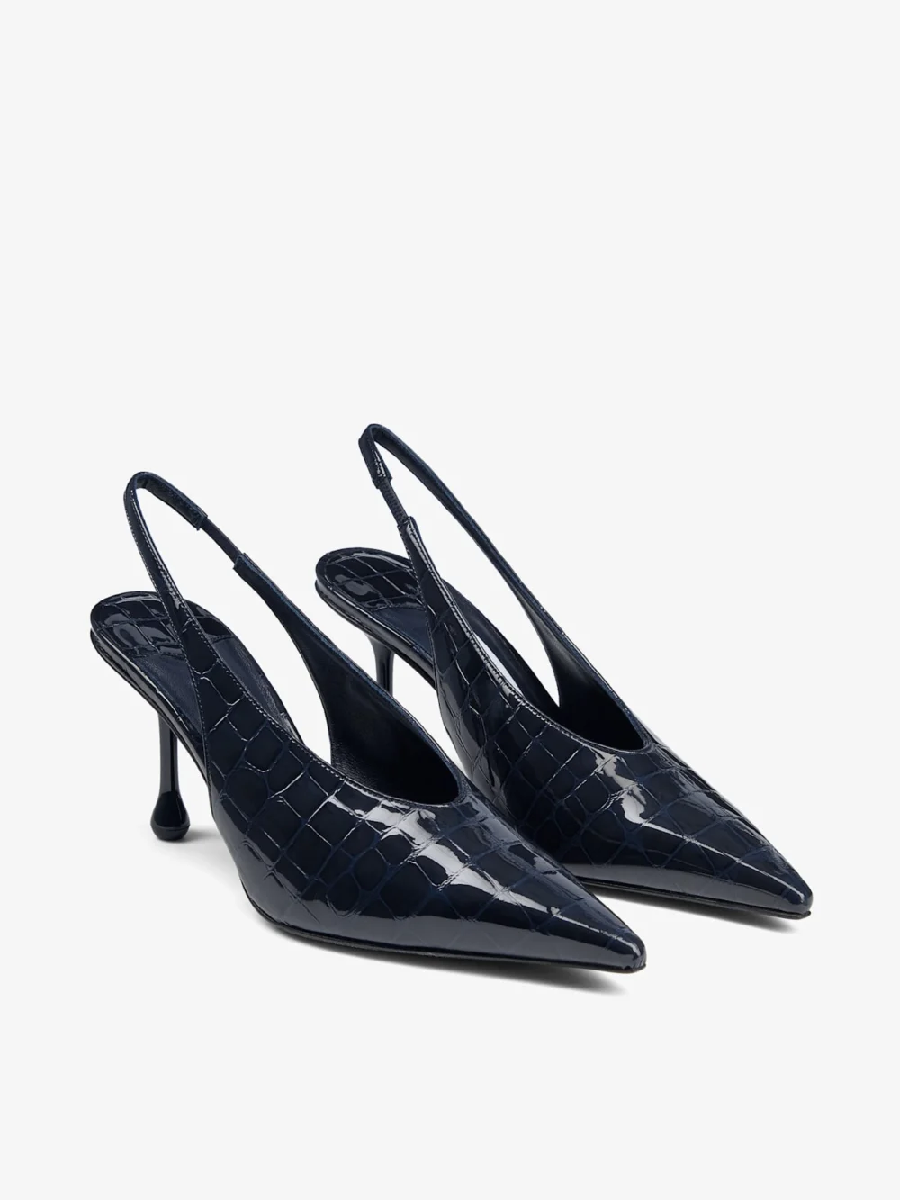 Close-up detail of the Jimmy Choo Isa 80 Marine Shiny Croc Embossed Leather Slingbacks