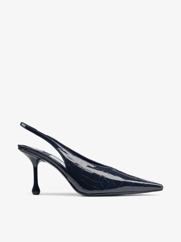Jimmy Choo Isa 80 Marine Shiny Croc Embossed Leather Slingbacks
