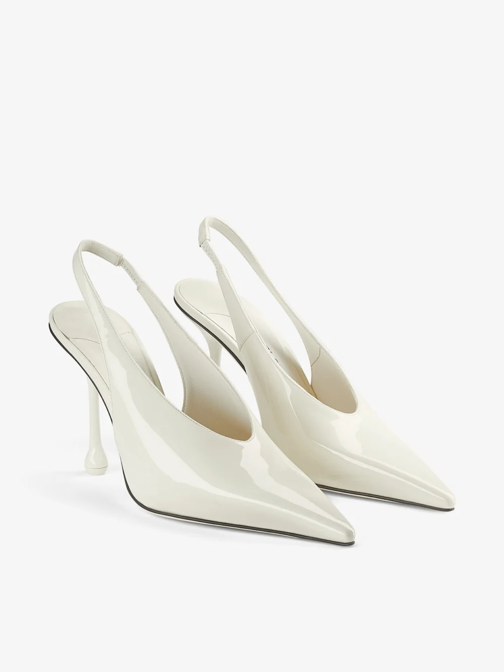 Close-up detail of the Jimmy Choo Isa 95 Latte Patent Leather Pumps