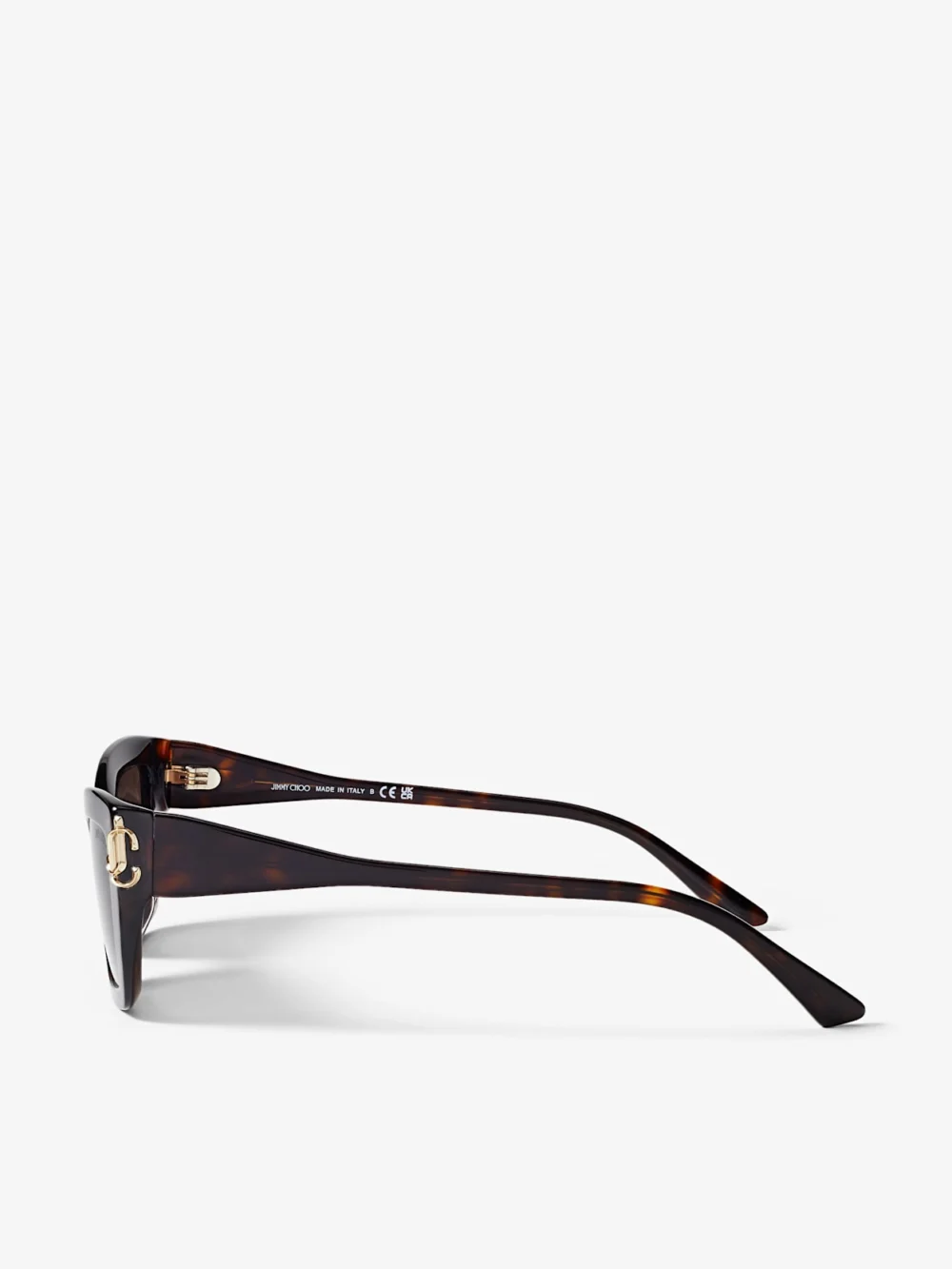 Close-up detail of the Jimmy Choo Isla Brown Havana Cat Eye Sunglasses
