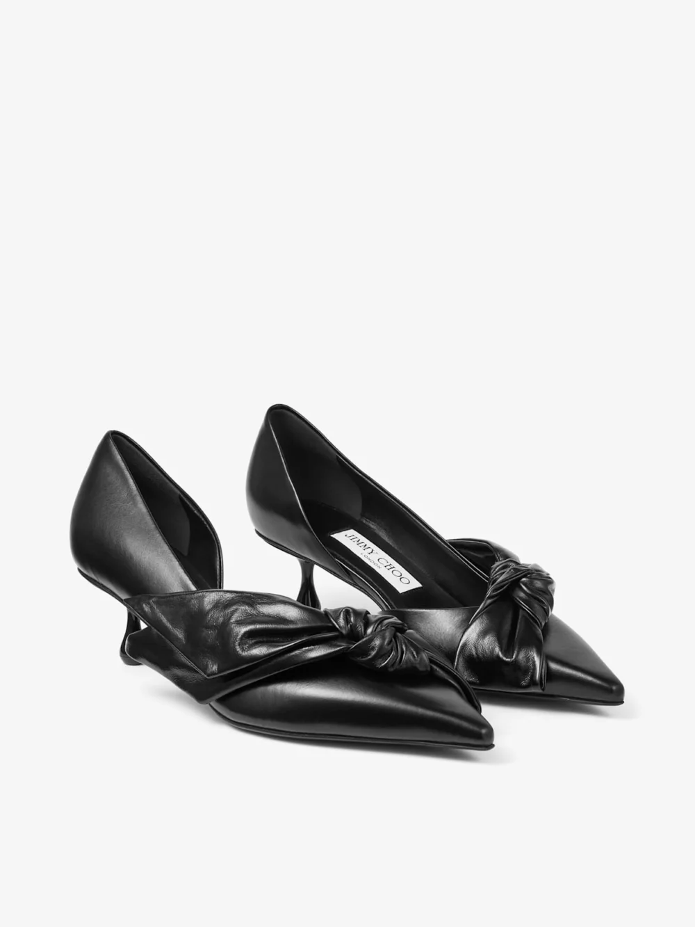Close-up detail of the Jimmy Choo Issy Pump 50 Black Leather Pumps with Oversized Bow