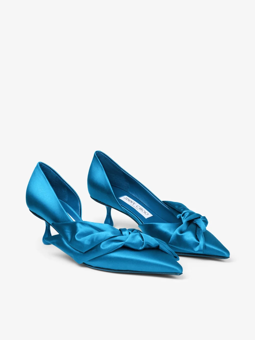 Back view of the Jimmy Choo Issy Pump 50 Lagoon Satin Sandals with Oversized Bow
