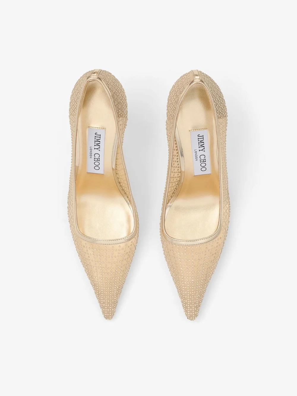 Back view of the Jimmy Choo Ixia 80 Gold Illusion Crystal Mesh and Liquid Metal Leather Pumps