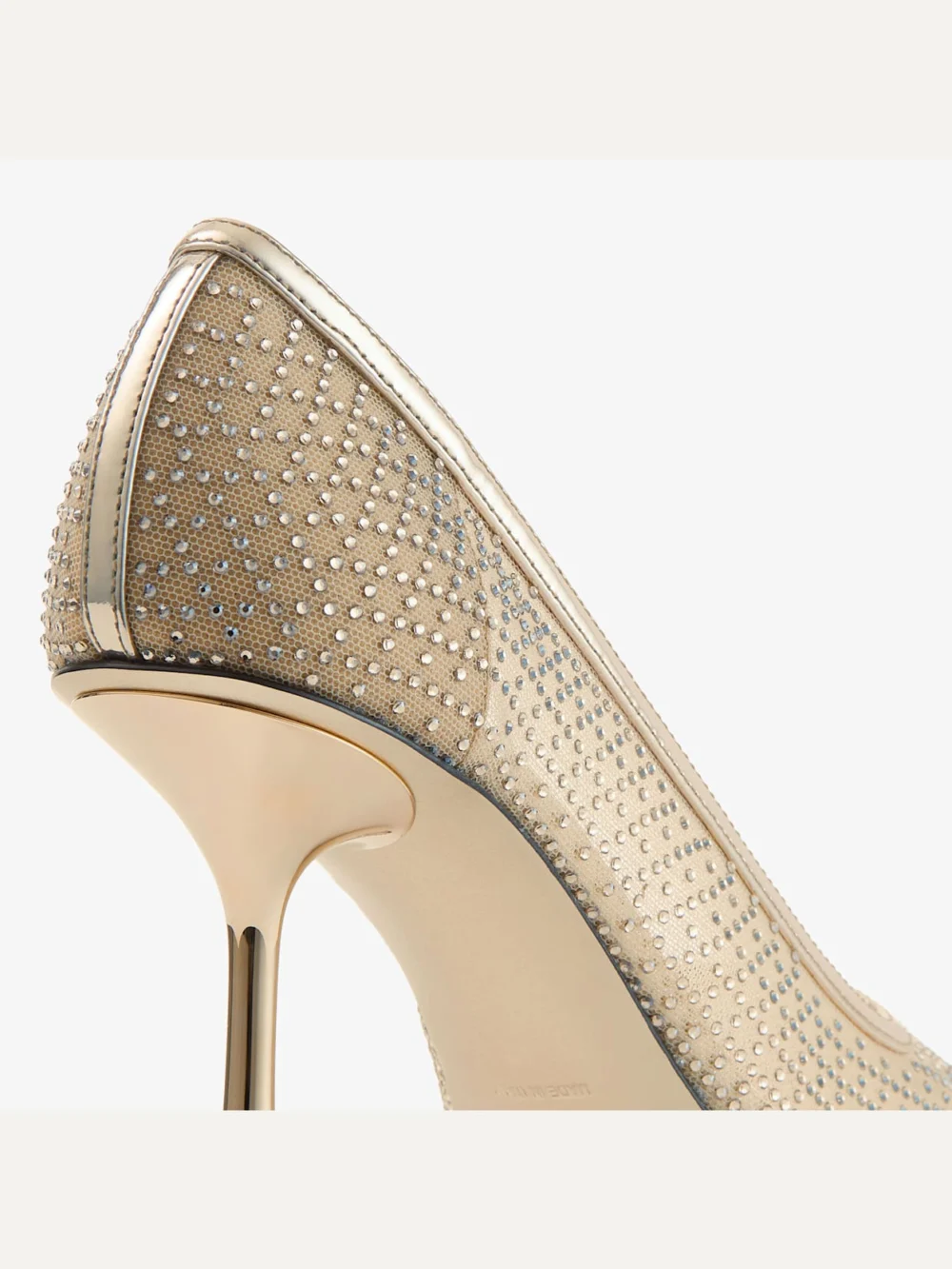 Close-up detail of the Jimmy Choo Ixia 80 Gold Illusion Crystal Mesh and Liquid Metal Leather Pumps