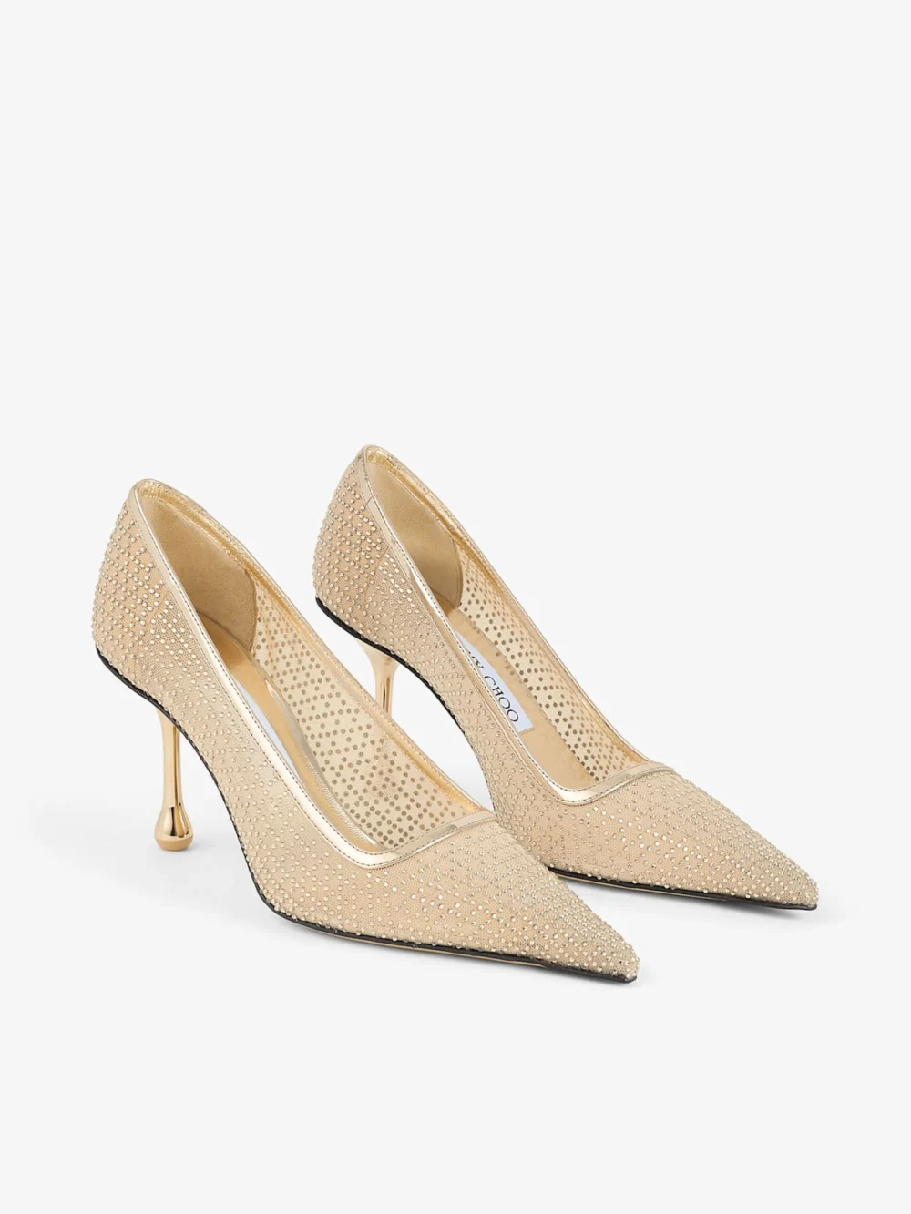 Side view of the Jimmy Choo Ixia 80 Gold Illusion Crystal Mesh and Liquid Metal Leather Pumps