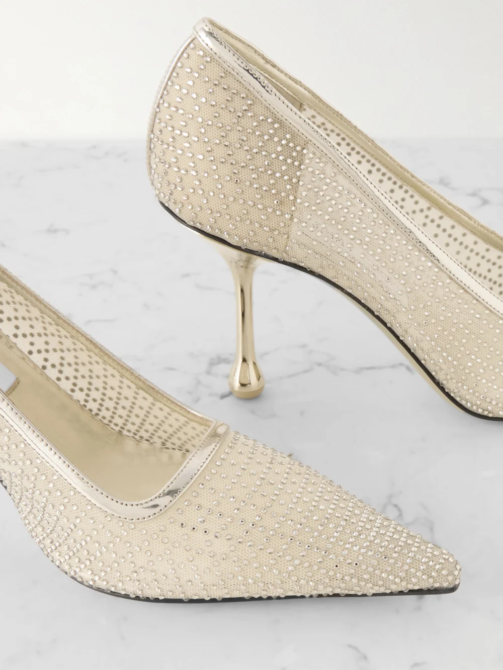 Close-up detail of the Jimmy Choo Ixia 80 Mirrored Leather-trimmed Crystal-embellished Mesh Pumps