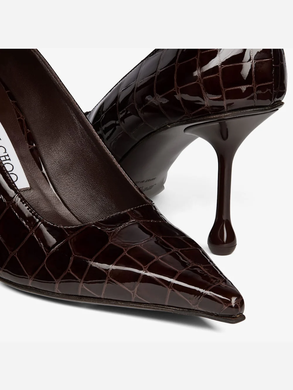 Close-up detail of the Jimmy Choo Ixia 80 Sambuco Shiny Croc Embossed Leather Pumps