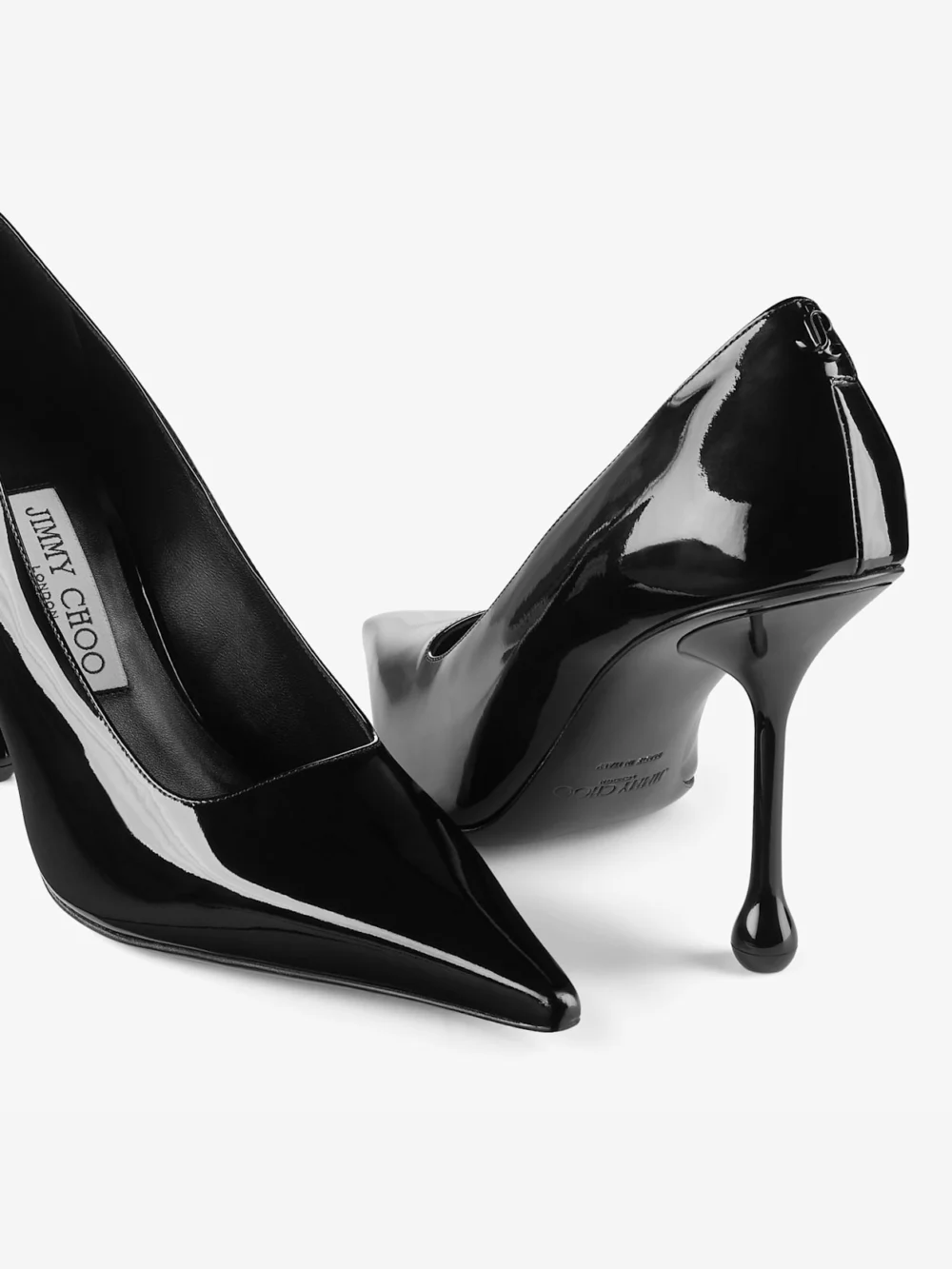Close-up detail of the Jimmy Choo Ixia 95 Black Patent Leather Pumps