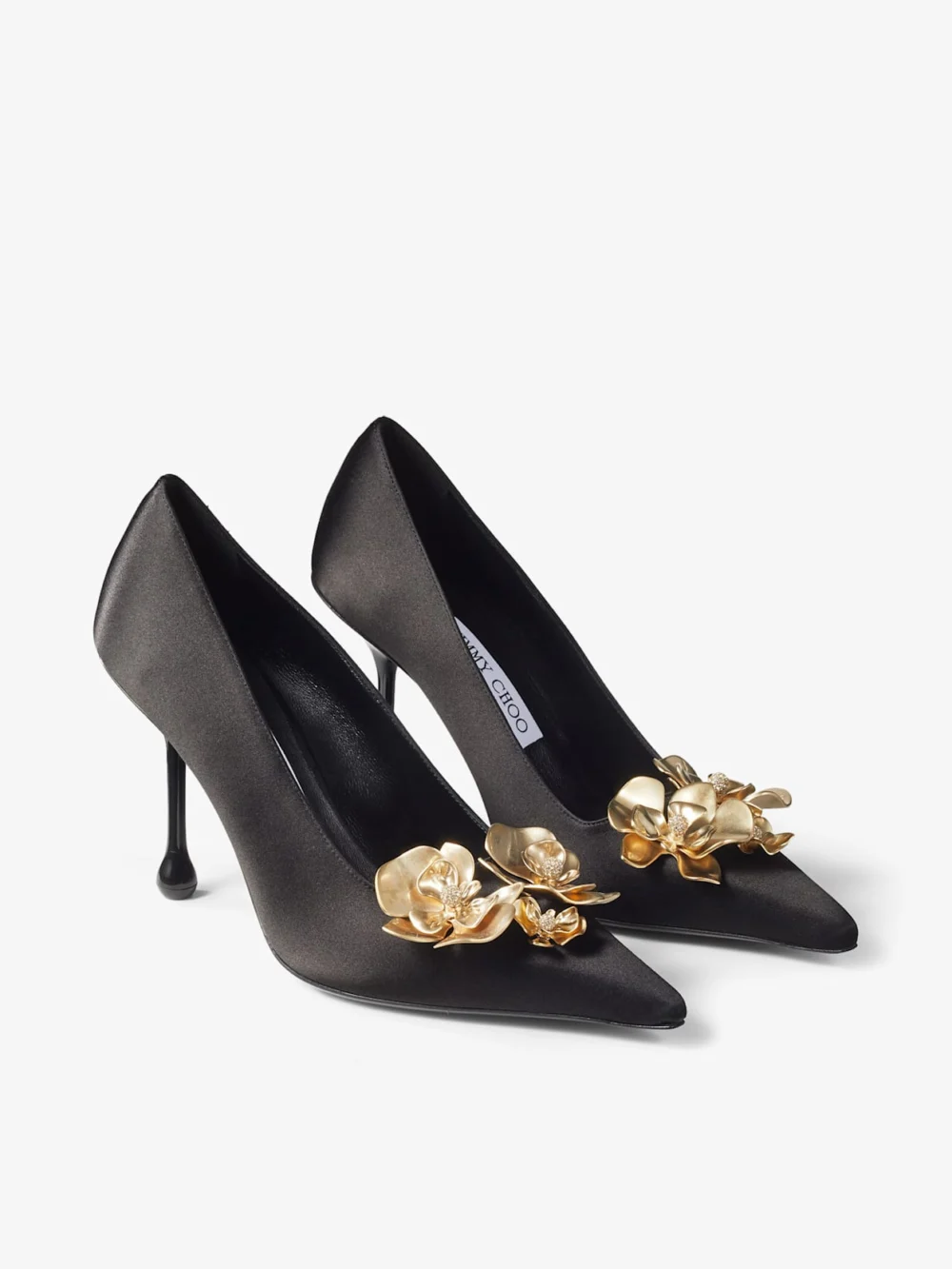 Close-up detail of the Jimmy Choo Ixia 95 Black Satin Pumps with Flowers