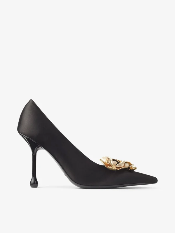 Jimmy Choo Ixia 95 Black Satin Pumps with Flowers