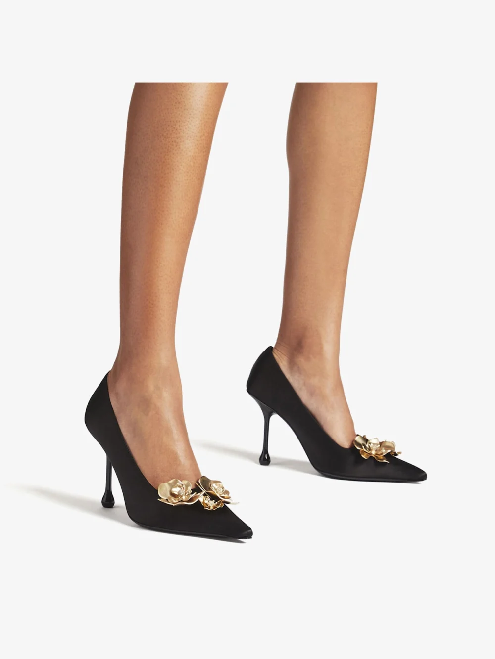 Side view of the Jimmy Choo Ixia 95 Black Satin Pumps with Flowers