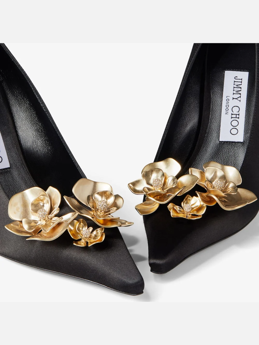 Jimmy Choo Ixia 95 Black Satin Pumps with Flowers, another view