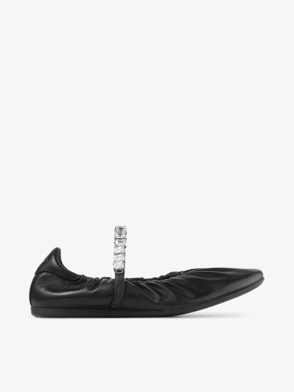 Jimmy Choo Jade Ballerina Black Soft Nappa Leather Ballerina Flats with Crystal Strap
