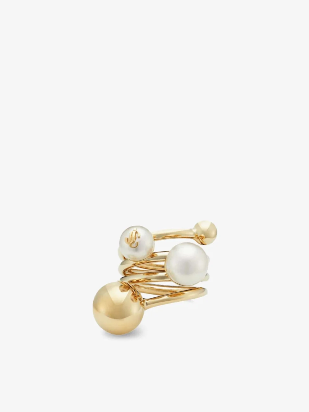 Side view of the Jimmy Choo Jc Multi Pearl Ring Gold Finish Metal Ring with Pearls