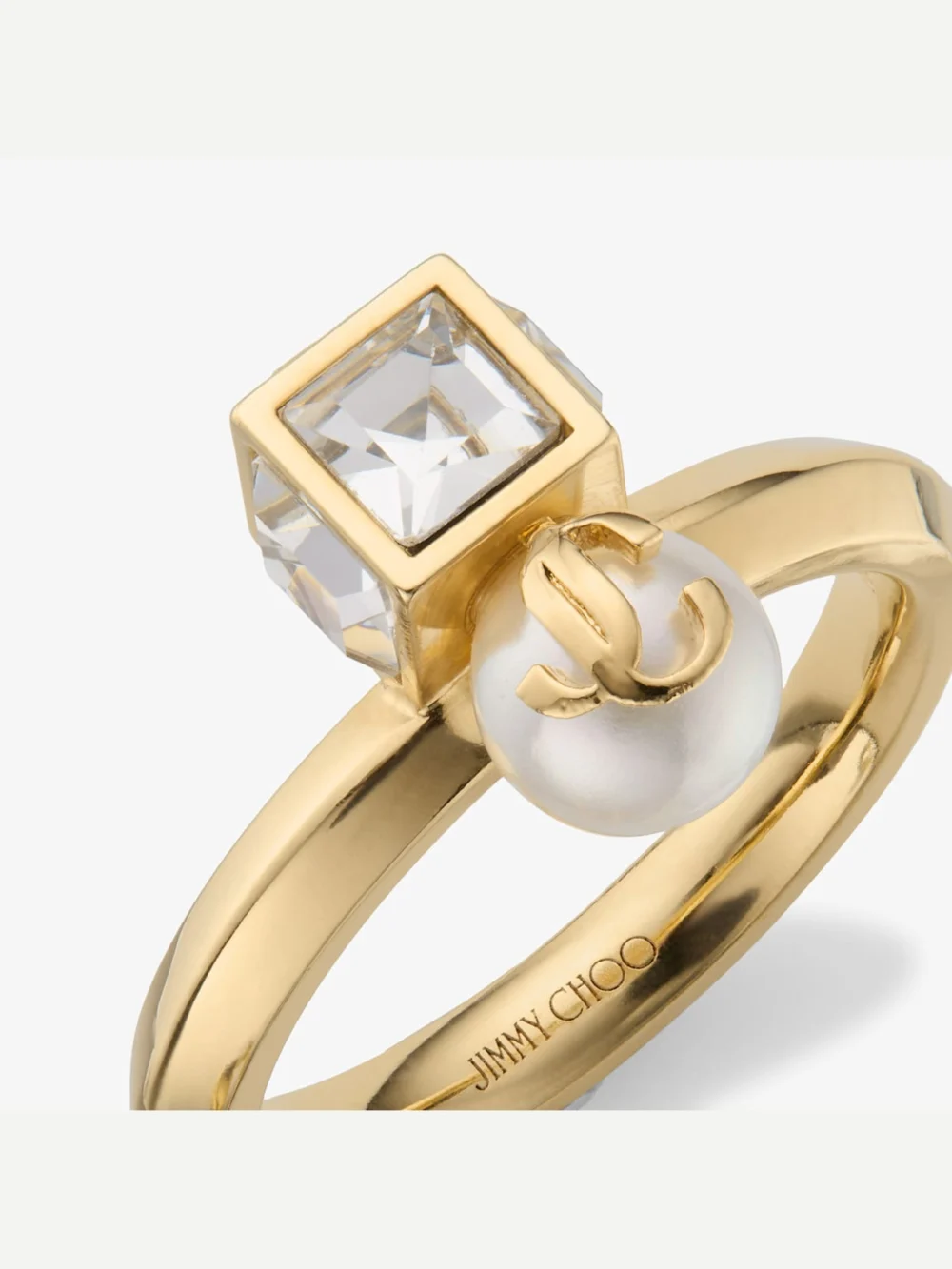 Close-up detail of the Jimmy Choo Jc Pearl Cube Ring Gold Metal Ring with Pearl and Crystal Cube