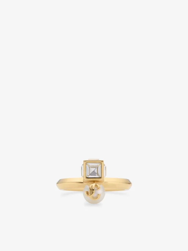 Jimmy Choo Jc Pearl Cube Ring Gold Metal Ring with Pearl and Crystal Cube