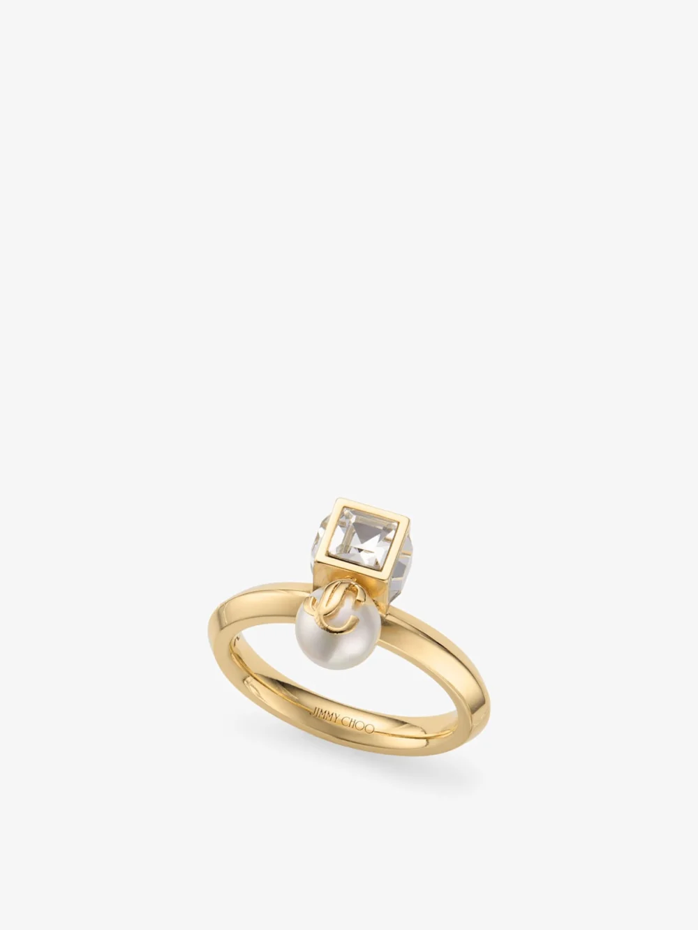 Side view of the Jimmy Choo Jc Pearl Cube Ring Gold Metal Ring with Pearl and Crystal Cube
