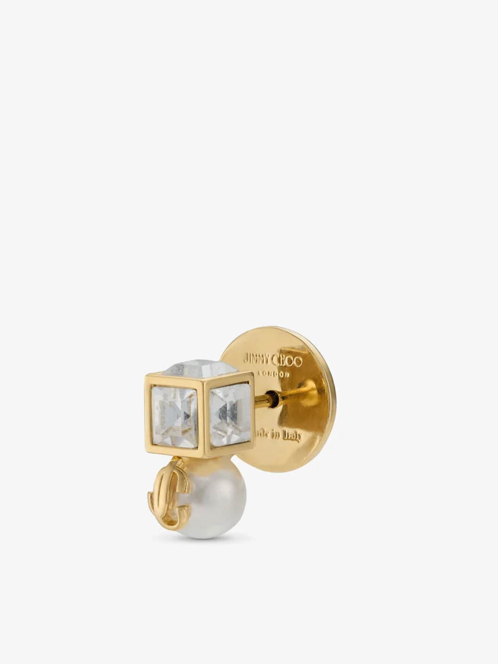 Close-up detail of the Jimmy Choo Jc Pearl Cube Studs Gold Metal Earrings with Pearl and Crystal Cube