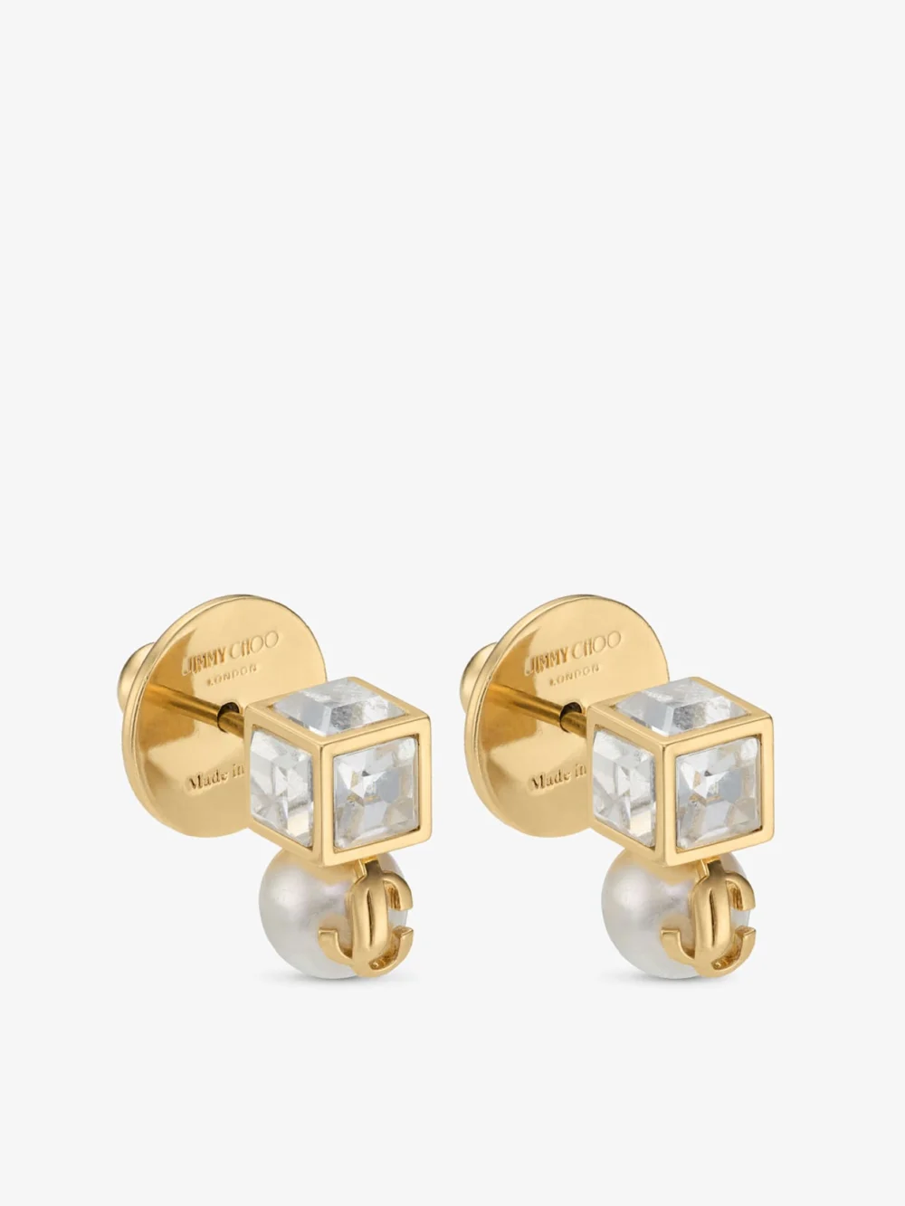 Side view of the Jimmy Choo Jc Pearl Cube Studs Gold Metal Earrings with Pearl and Crystal Cube