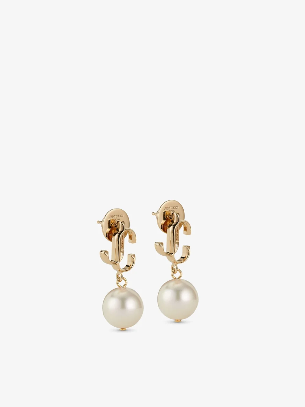 Side view of the Jimmy Choo Jc Pearl Earring Gold Finish Metal Jc Pearl Stud Earrings