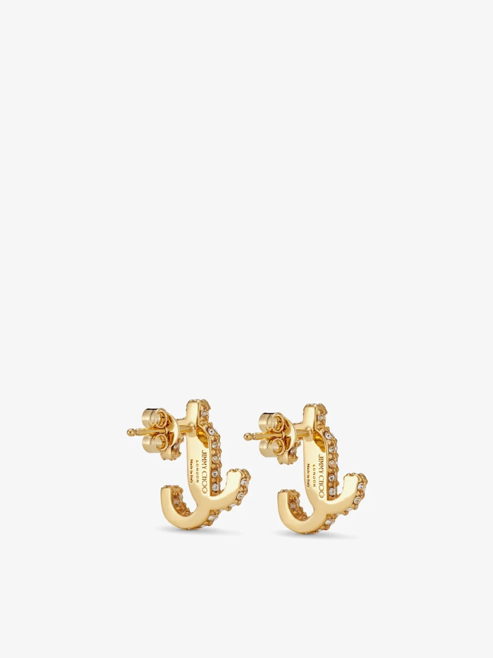 Back view of the Jimmy Choo Jc Studs Gold Finish Metal Jc Stud Earrings with Swarovski Crystals