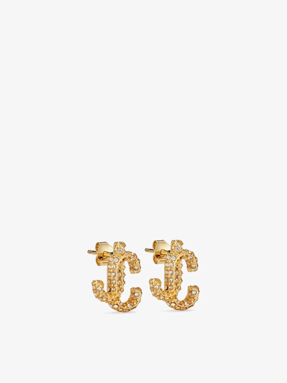 Side view of the Jimmy Choo Jc Studs Gold Finish Metal Jc Stud Earrings with Swarovski Crystals