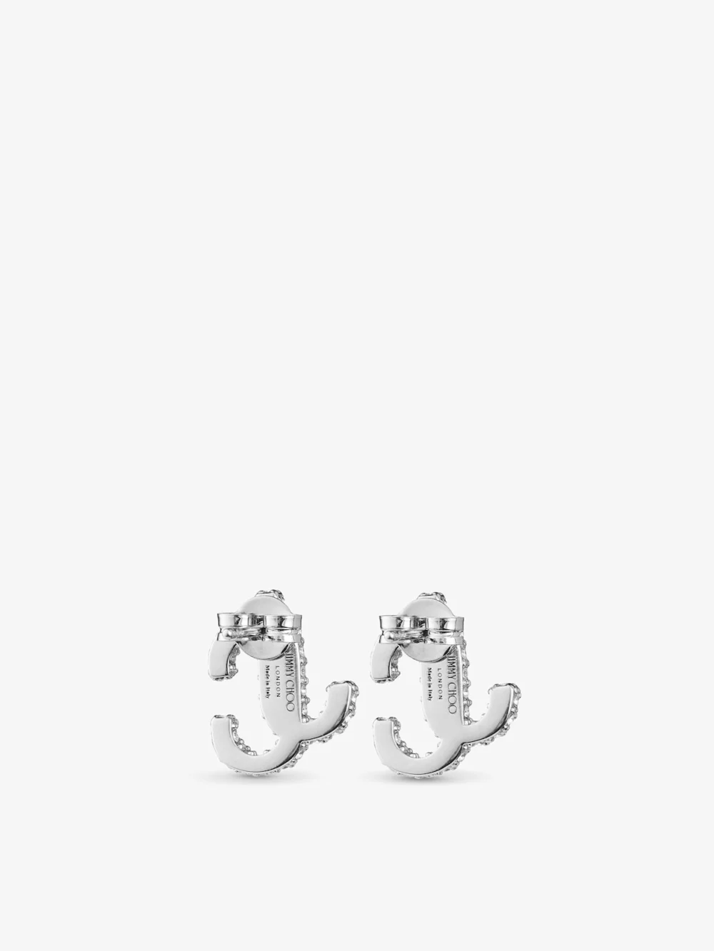 Back view of the Jimmy Choo Jc Studs Silver Finish Metal Jc Stud Earrings with Swarovski Crystals