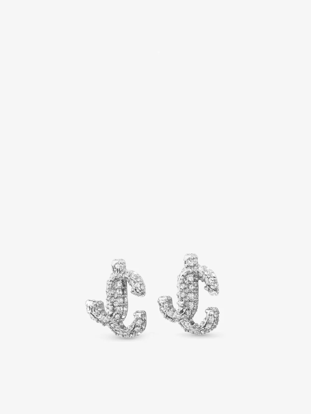 Side view of the Jimmy Choo Jc Studs Silver Finish Metal Jc Stud Earrings with Swarovski Crystals