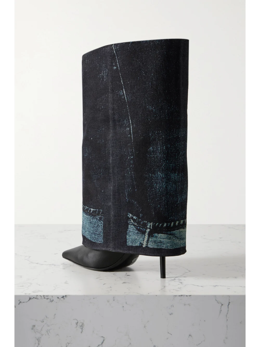 Back view of the Jimmy Choo + Jean Paul Gaultier 90 Printed Denim and Leather Over-the-knee Boots