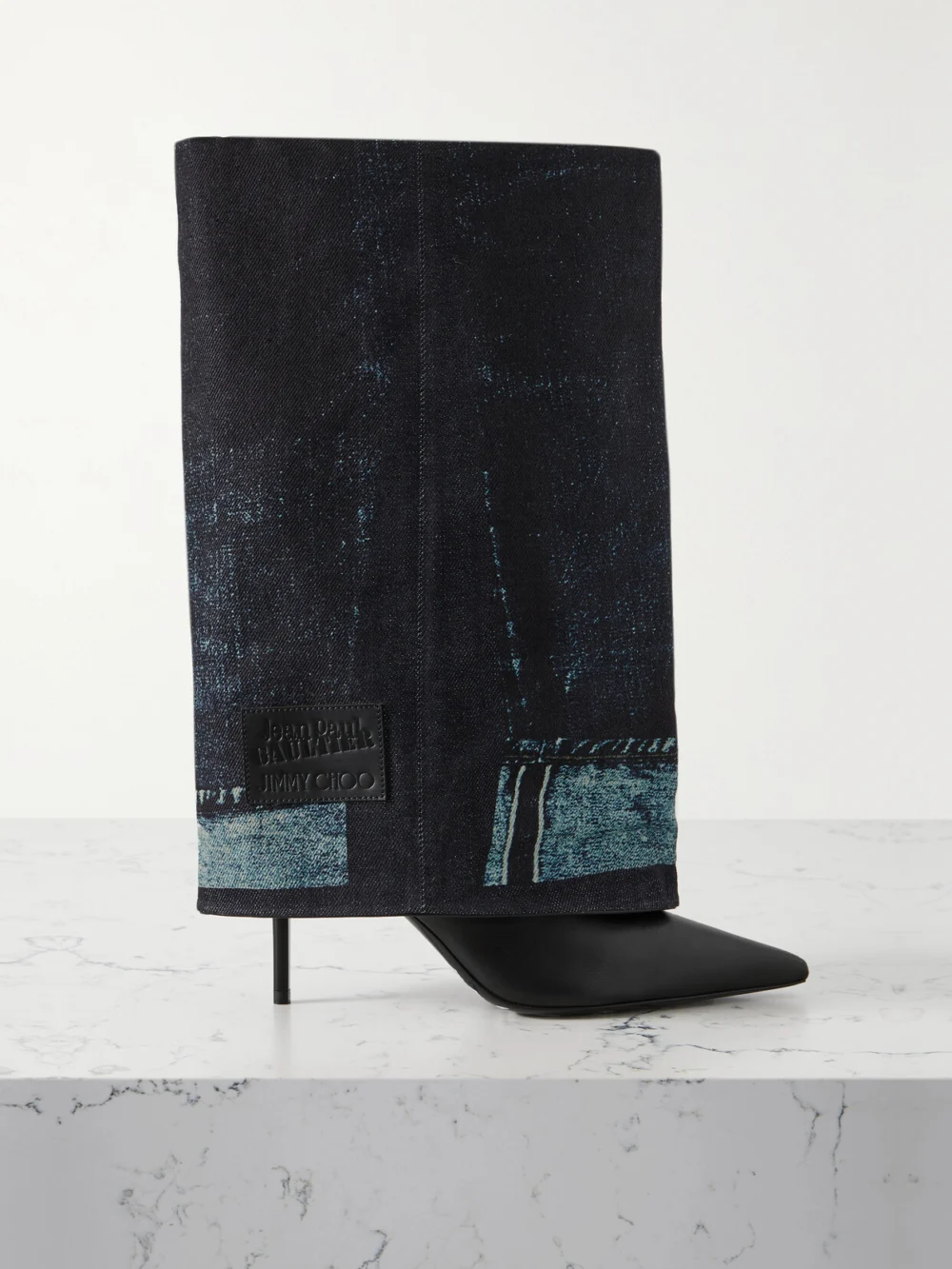 Jimmy Choo + Jean Paul Gaultier 90 Printed Denim and Leather Over-the-knee Boots in dark denim