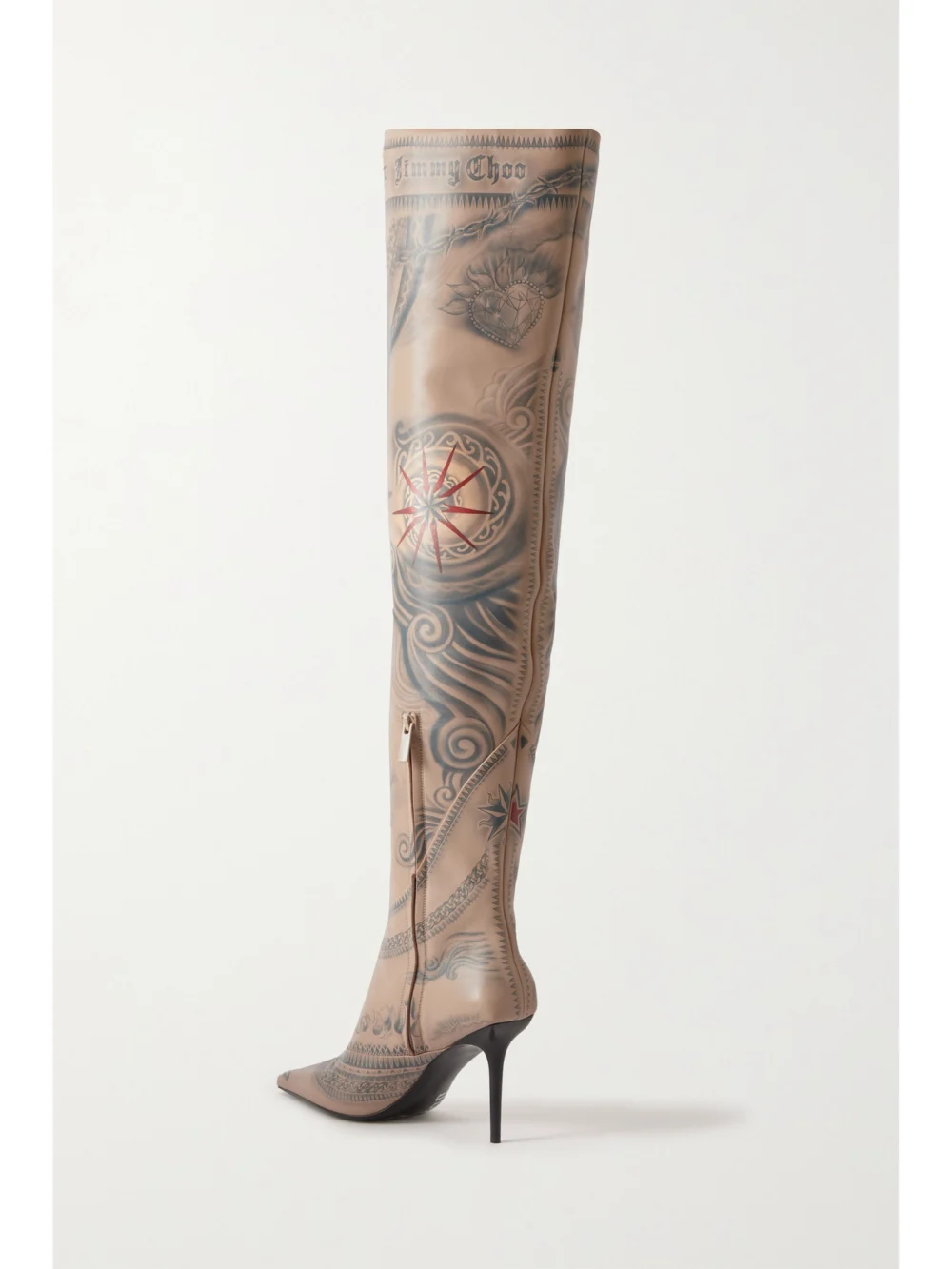 Back view of the Jimmy Choo + Jean Paul Gaultier 90 Printed Leather Knee Boots