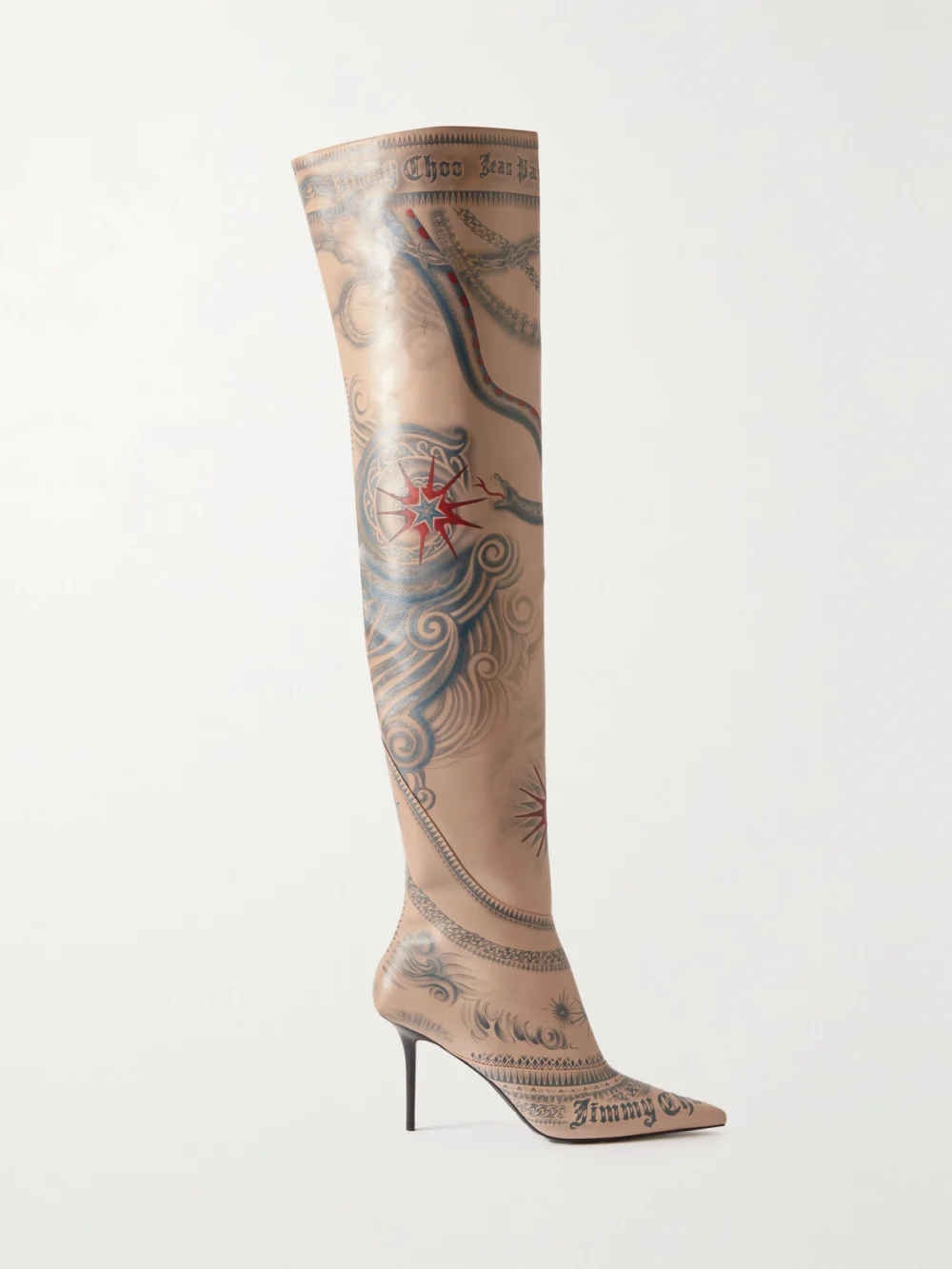 Jimmy Choo + Jean Paul Gaultier 90 Printed Leather Knee Boots in beige