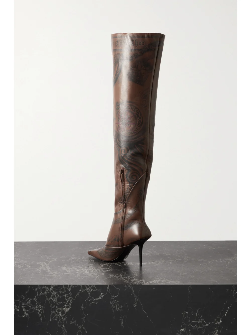 Back view of the Jimmy Choo + Jean Paul Gaultier 90 Printed Leather Over-the-knee Boots