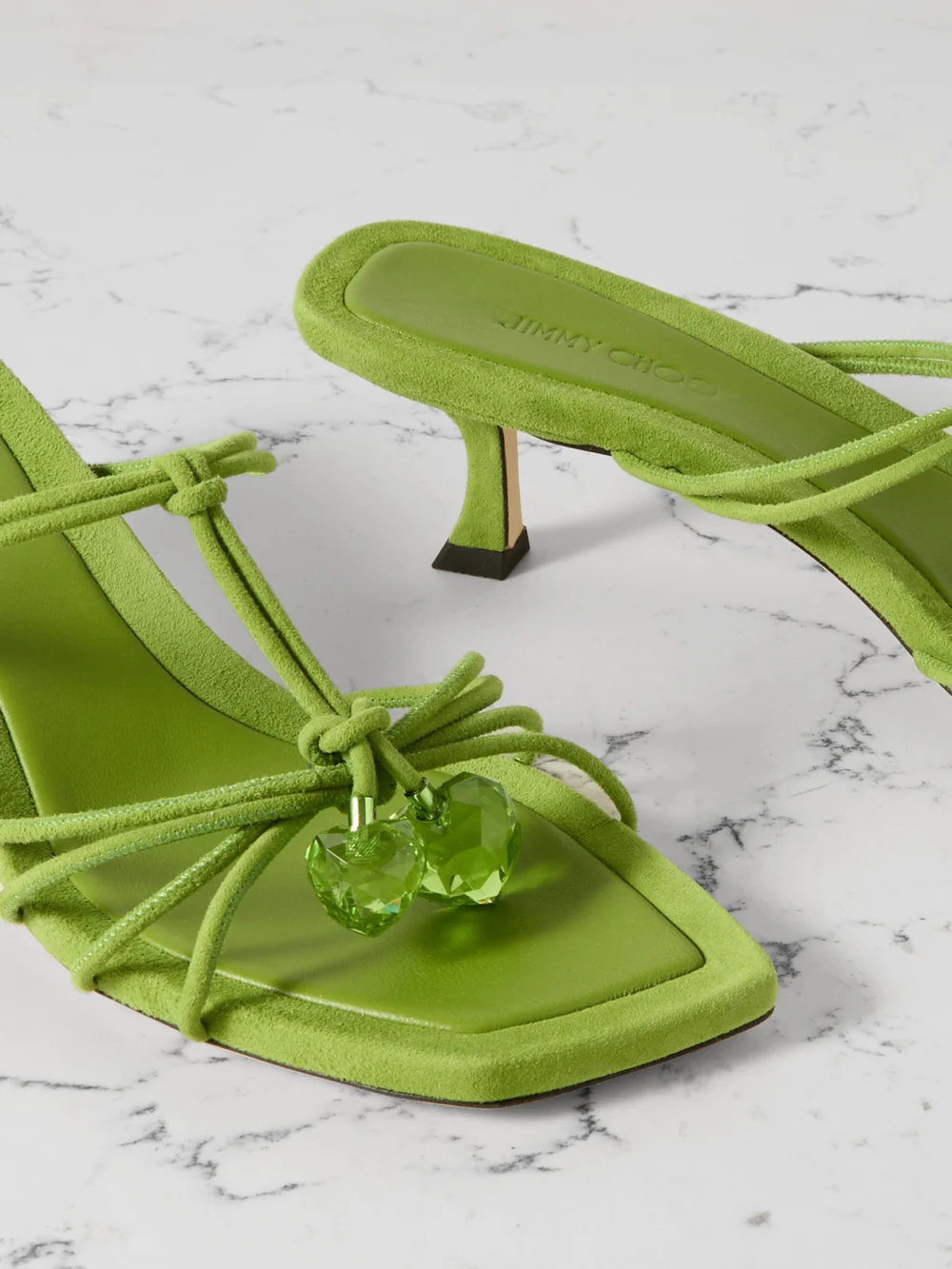 Close-up detail of the Jimmy Choo Jemma 50 Crystal-embellished Suede Mules