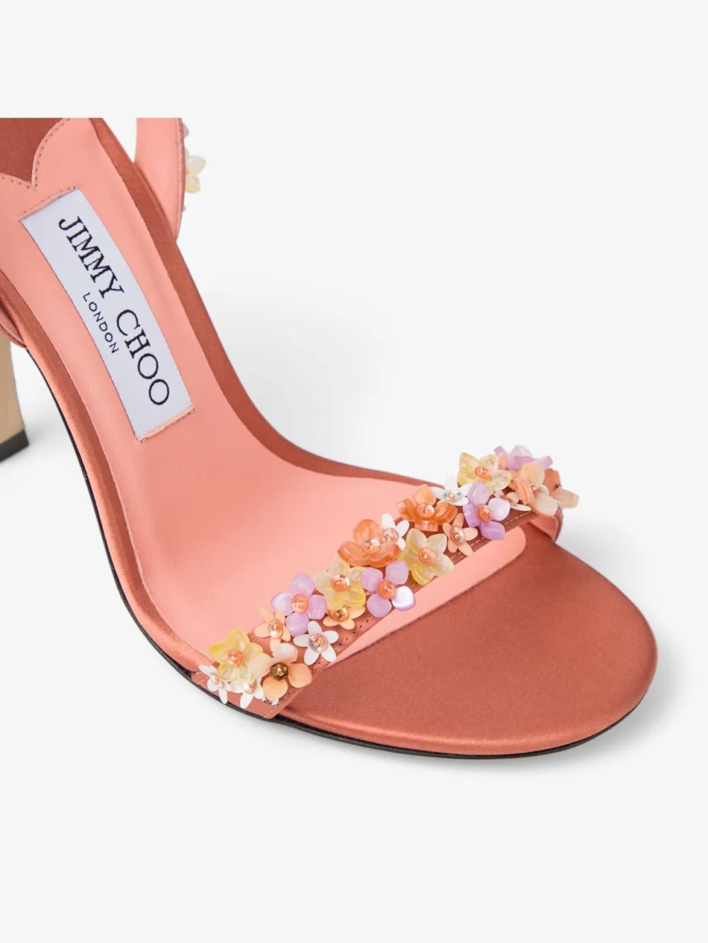 Back view of the Jimmy Choo Jenn 100 Grapefruit Satin Sandals with Daisy Embroidery