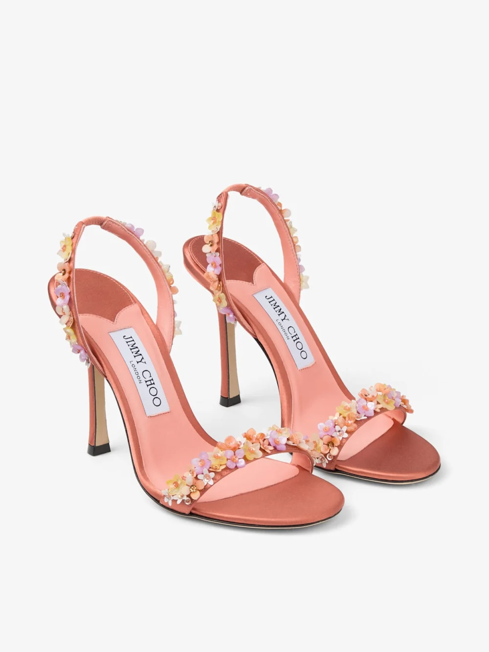 Close-up detail of the Jimmy Choo Jenn 100 Grapefruit Satin Sandals with Daisy Embroidery